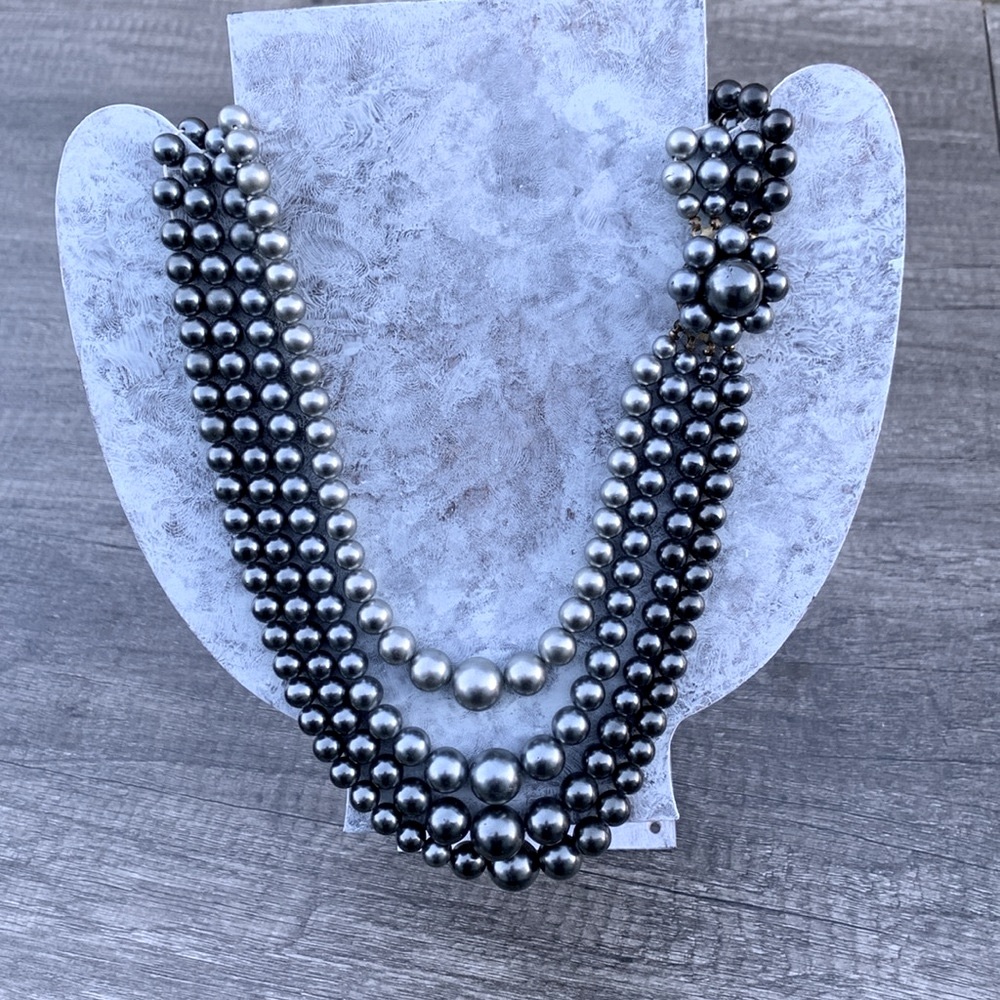 Silver tones pearl japan vintage necklace 4 strand faux